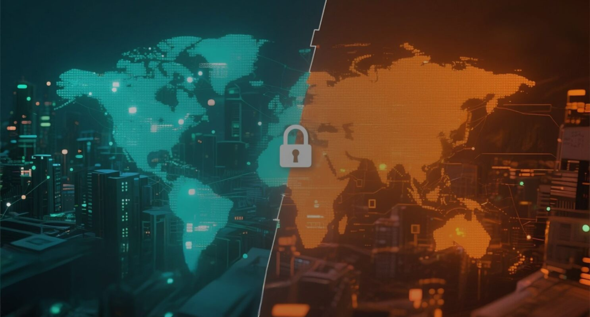 Cybersecurity graphic with world map and padlock illustrating advanced protection.